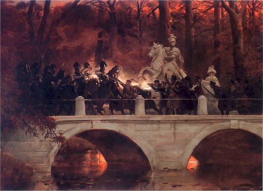 Clash between Polish insurgents and Russian cuirassiers on bridge in Warsaw's Łazienki Park. In the background is an equestrian statue of King John III Sobieski. Painiting by Wojciech Kossak, courtesy of Wikimedia Commons.
