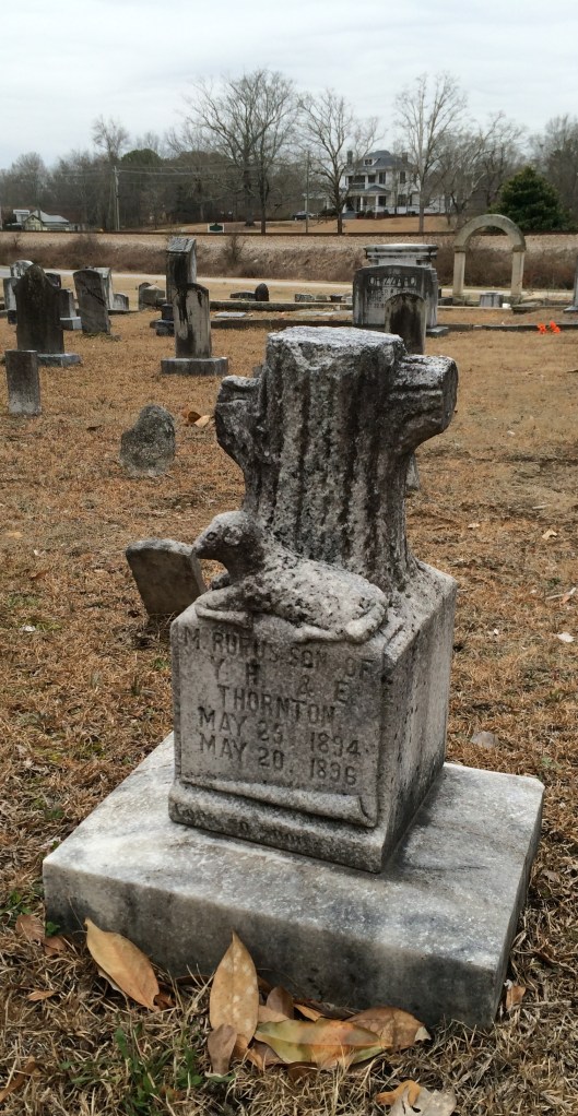 The grave of M. Rufus ? has two symbols. The tree stump signifies a life cut short while the lamb symbolizes the innocence of childhood. He is buried in Shadnor Baptist Church Cemetery.