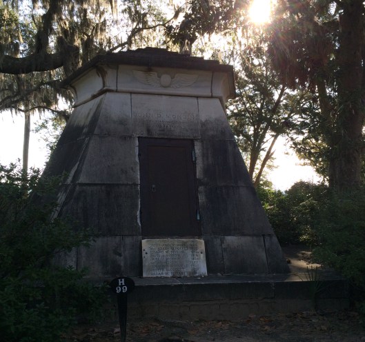The Mongin family tomb is a prime example of the Egyptian Revival style that was popular in the early 1800s. It was much more popular in England and Europe than in the U.S. but you can still find examples of it in some Southern cemeteries. 