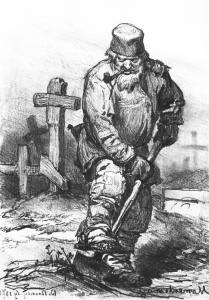 Grave-digger, painted by Russian artist Viktor Vasnetsov in 1871, shows the typical illustration of a 19th-century grave digger might look like.