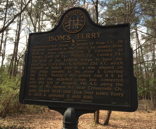 This historical marker at the Heard Family Cemetery explains the vital role of Isom's Ferry (now known as Heard's Ferry) during the Civil War.