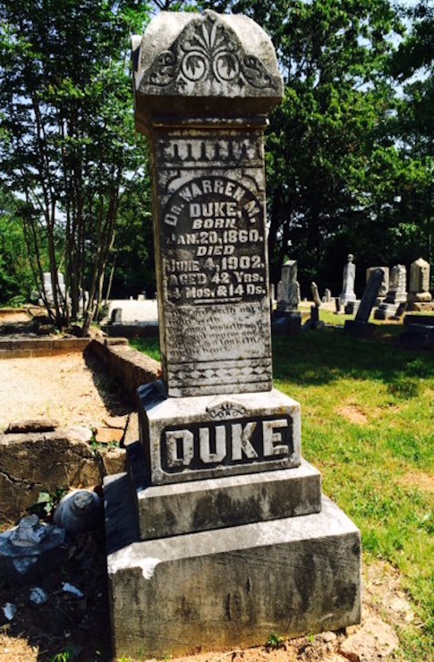 Dr. William M. Duke's family donated the land for New Hope Baptist Church's cemetery. He died at the age of 42 and was reportedly much loved by Dunwoody residents.