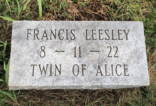 Francis Leesley died as an infant but his twin, Alice, lived to the age of 87.