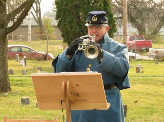A bugler from the Sonds of Union Veterans of the Civil War, Sherman Camp, plays at the Veterans' Day rededication ceremony at Old Greencastle Cemetery in Dayton. I was invited to attend as a special guest but was unable to do so.