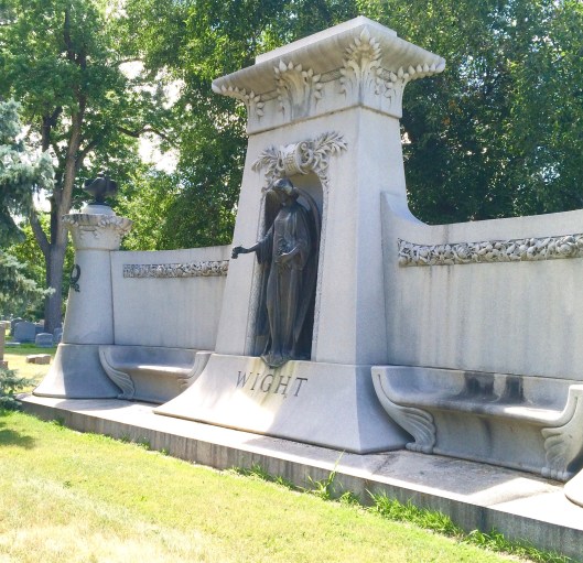 Prominent stonemason Richard Swanson designed and executed "Remembrance" for Frederick D. Wight's grave.